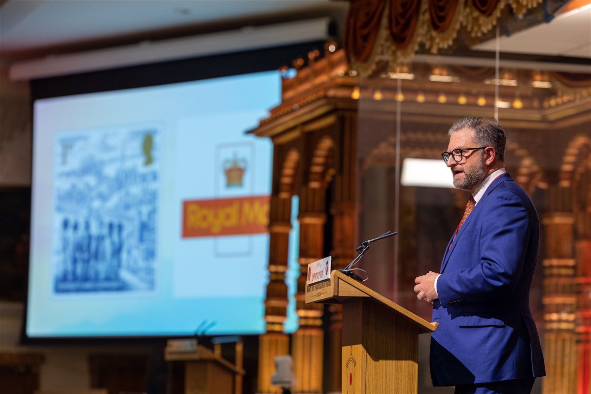 David Gold, Director of External Affairs and Public Policy at Royal Mail, formally presented the stamp at Neasden Temple on 24 May 2023 