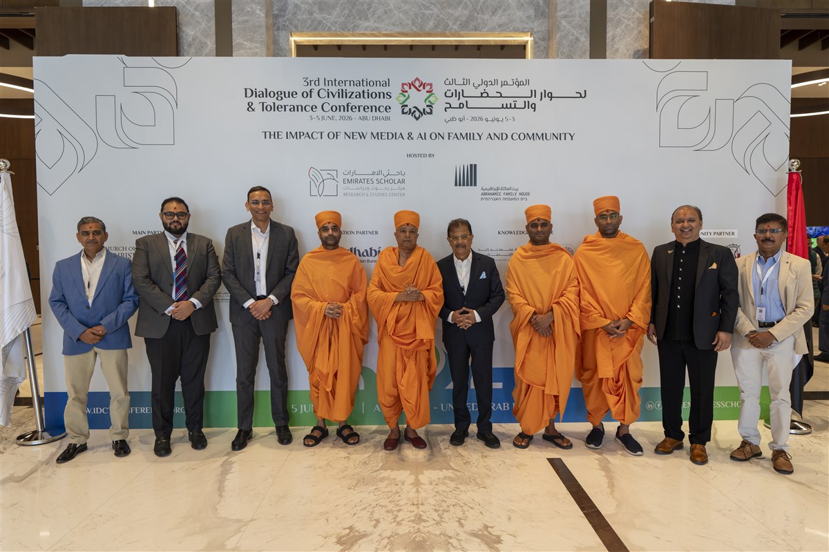 Swamis and volunteers of BAPS Hindu Mandir, Abu Dhabi at the 3rd International Dialogue of Civilizations and Tolerance Conference (IDCT 2026) in Abu Dhabi