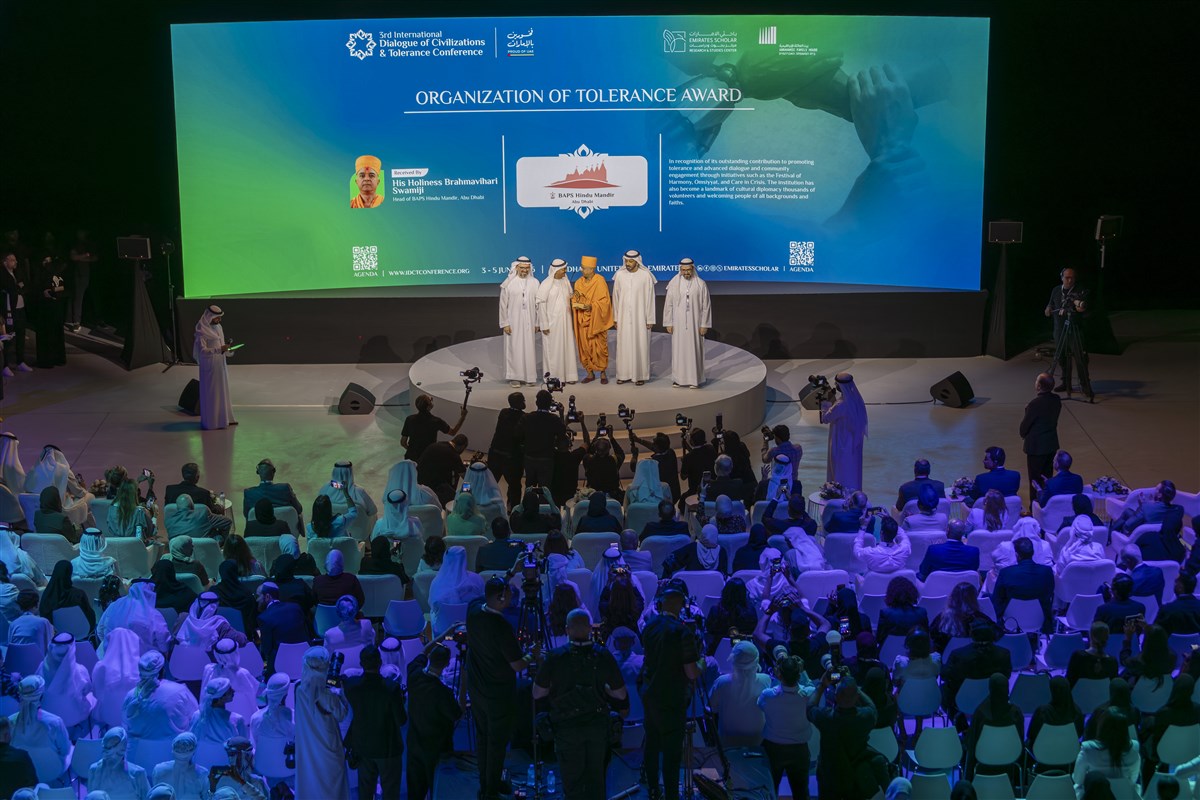 The BAPS Hindu Mandir, Abu Dhabi, was conferred the prestigious Organization of Tolerance Award at IDCT 2026, accepted by Swami Brahmaviharidas